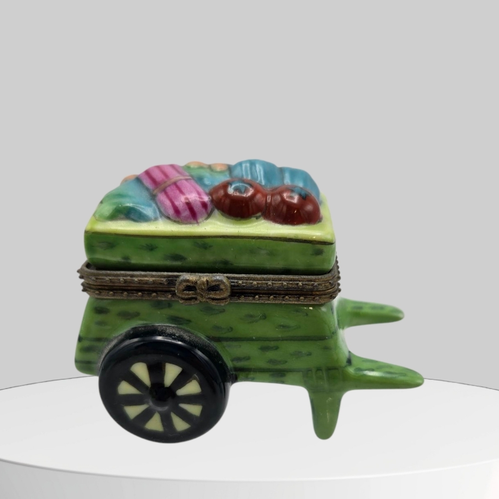 Vintage Flower Cart Porcelain Hinged Trinket Box PHB Green Blue Pink